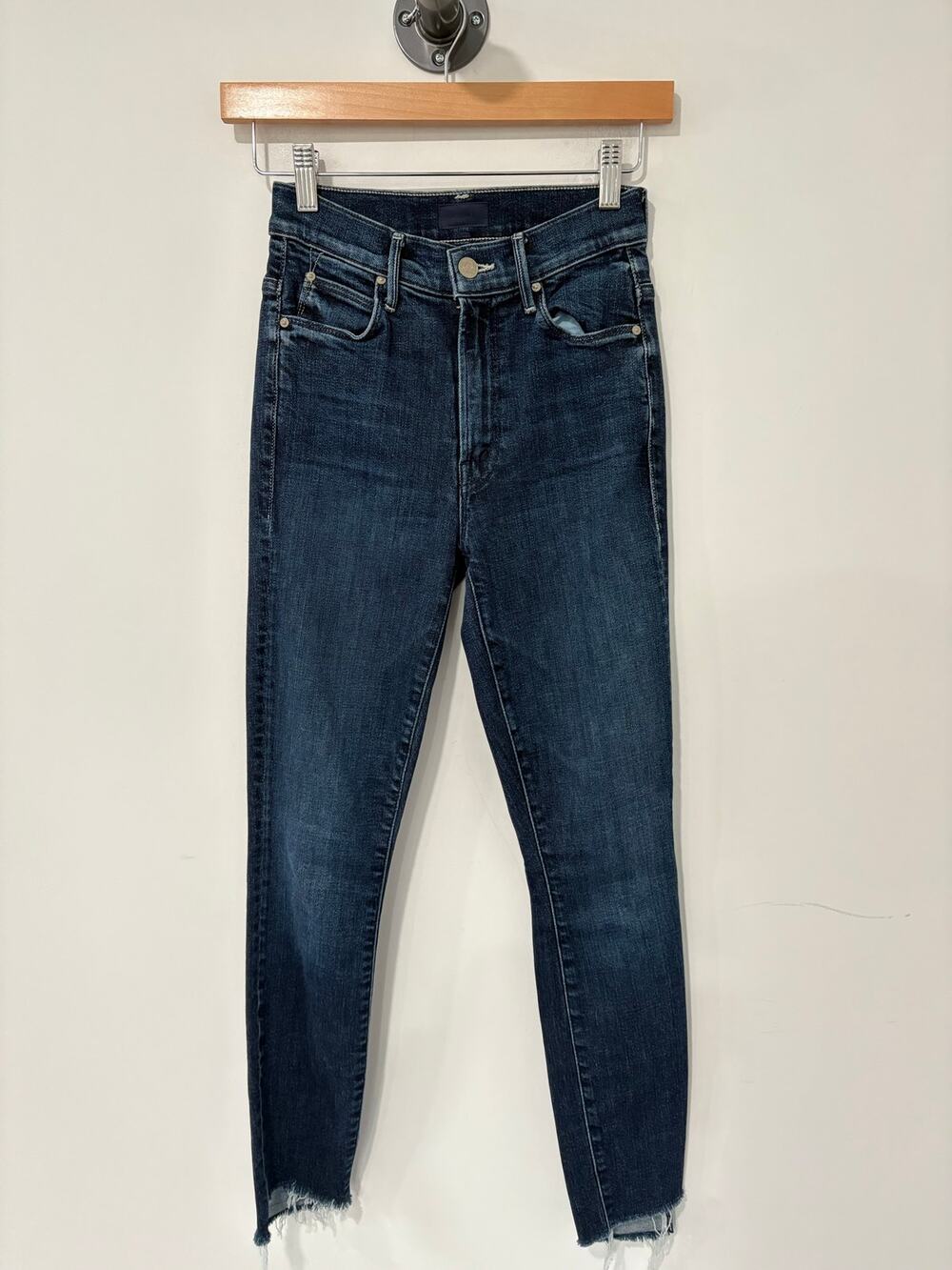 MOTHER Stunner Ankle Step Fray Jeans in Disco Dolls Dark Blue Size 24